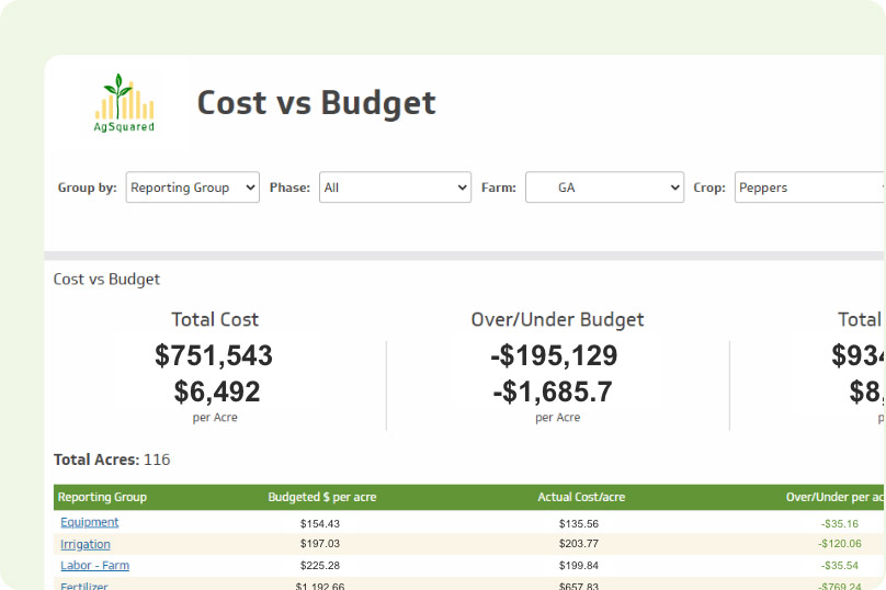 Cost vs Budget dashboard